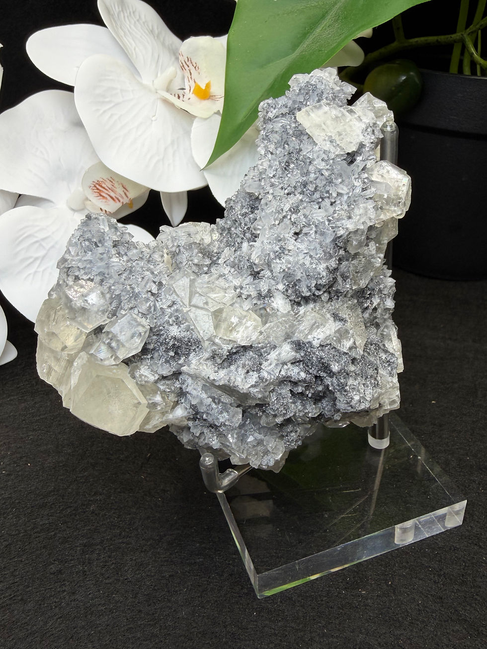 Thumbnail: Natural Chrysanthemum Clear Quartz Flower with Honey Calcite & Grey Sphalerite 