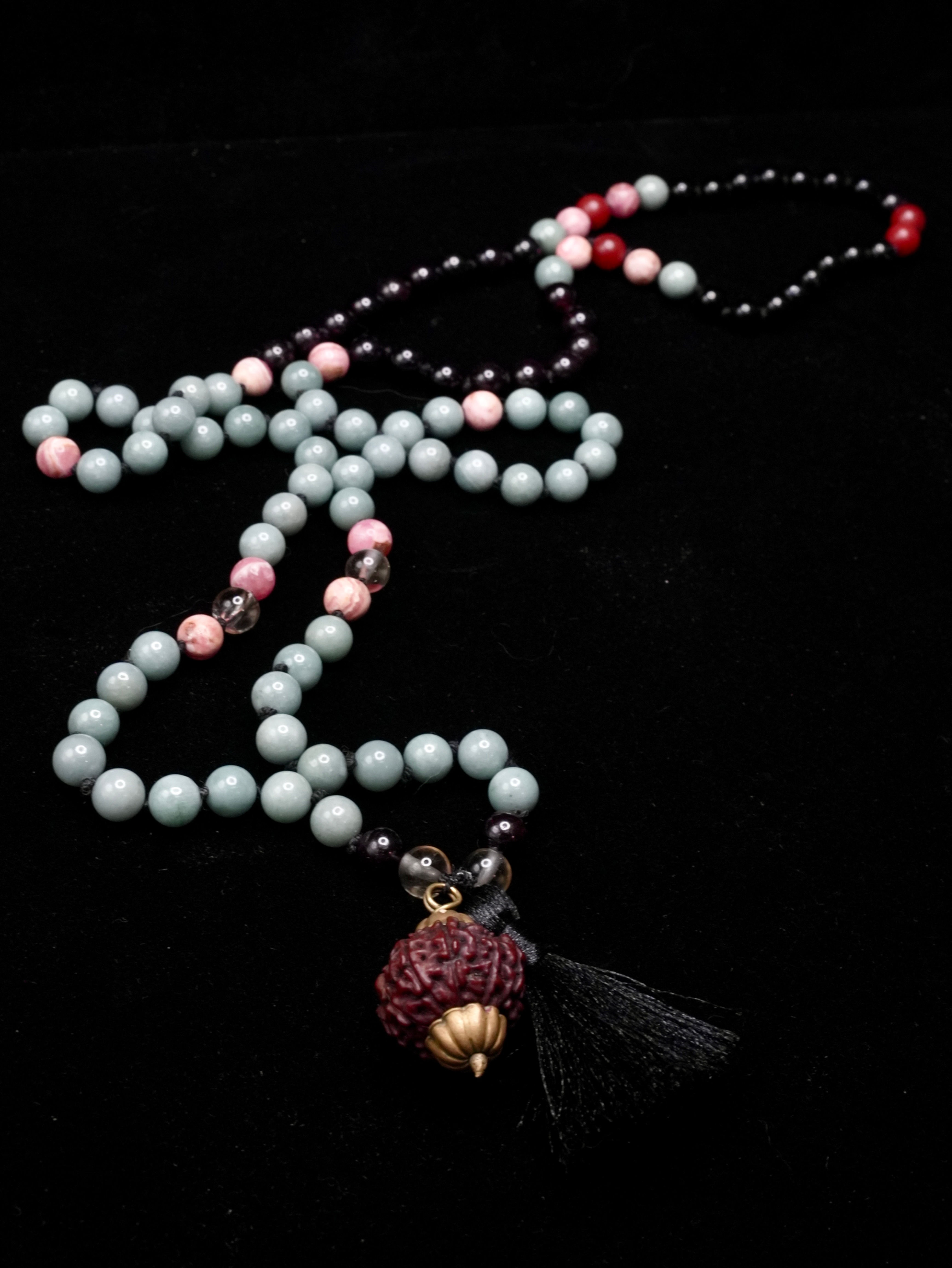 7 Mukhi Rudraksha Mala with Garnet, Guatemalan Jade, Carnelian, Rhodochrosite &