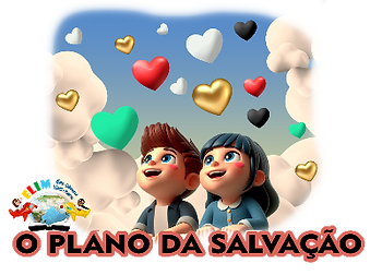 MENINO E MENINA OLHANDO PARA CIMA , O CÉU CHEIO DE CORAÇÃOES NAS CORES DO PLANO DA SALVAÇÃO