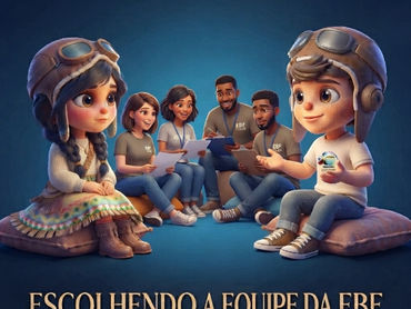 Crianças e jovens sentados em círculo, escolhendo a equipe EBF; fundo azul, clima acolhedor; texto ESCOLHENDO A EQUIPE DA EBF.