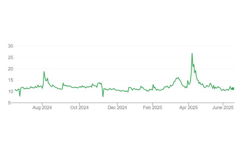 Line graph showing green fluctuating trend from Aug 2024 to June 2025, peaking in April 2025. Y-axis from 5 to 30. Clean white background.