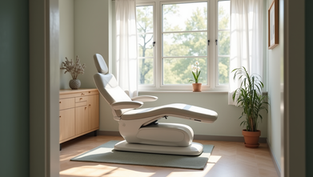 Bright spa treatment room with a white recliner chair, potted plants, light wood cabinet, and sunlit window with sheer curtains