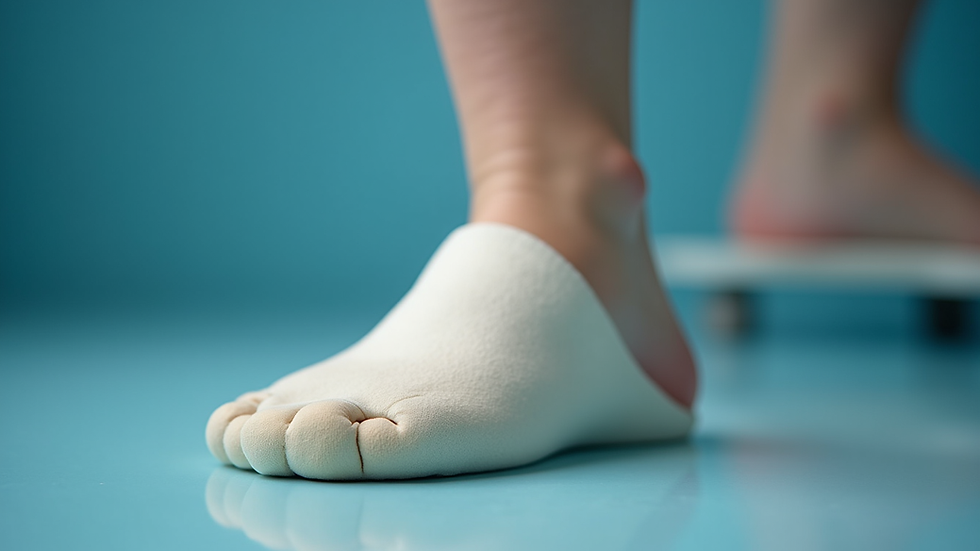 Eye-level view of a foot in a protective surgical boot after bunion surgery