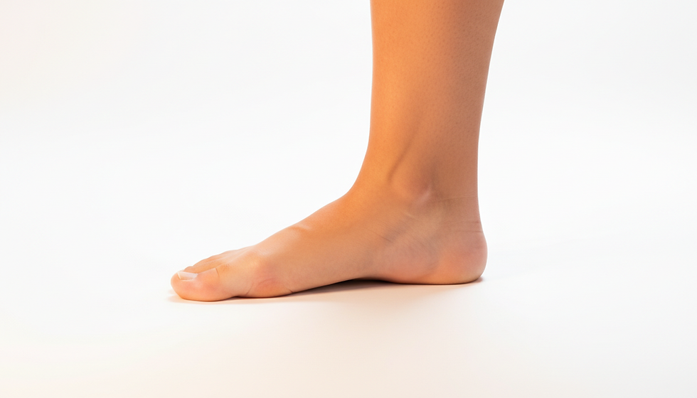 Close-up of a bare foot and ankle on a white background, toes pointed forward.