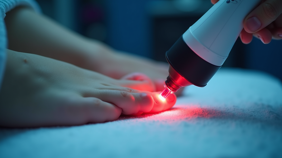 Close-up view of a foot receiving laser therapy treatment