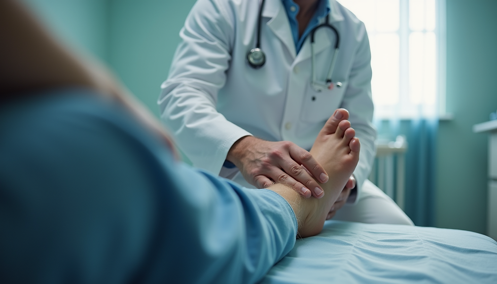 Doctor in white coat examines a patient's foot on an exam table in a bright clinic, calm and clinical.