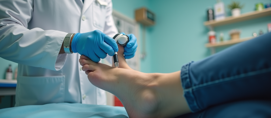 Doctor in blue gloves examines a patient’s foot in a teal clinic, using a reflex hammer during a careful check.