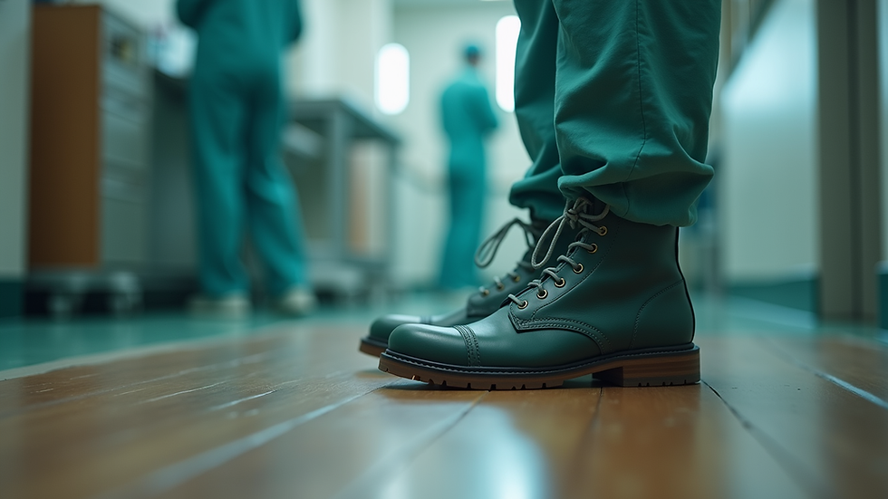 Eye-level view of a surgical boot resting on a wooden floor