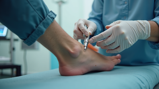 Gloved clinician uses a pen-like probe on a patient's ankle during a medical exam in a calm blue clinic setting.