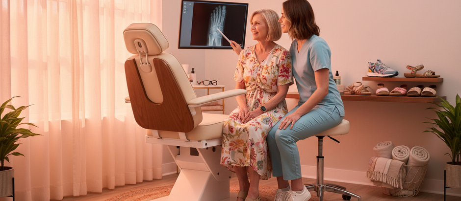 doctor in blue shows a foot-and-ankle model to a smiling patient in a clinic, with an X-ray on the wall.