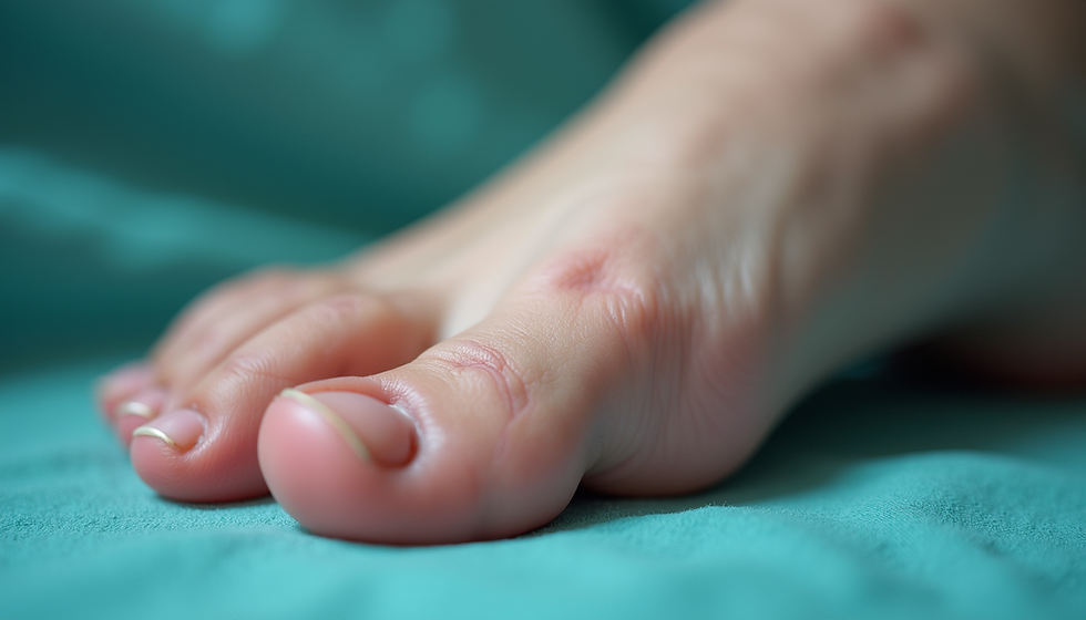 Close-up of a bare foot on teal fabric, with a small red sore on the big toe and a calm, clinical feel