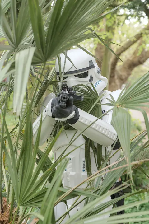 portrait photo of a man dressed up as a stormtrooper from star wars peering through a bush