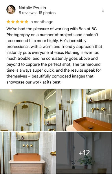 5-star Google review for BC Photography praising professional property photography services in Hertfordshire