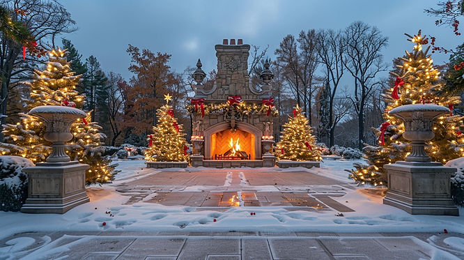 A grand outdoor fireplace provides a warm and inviting focal point for this elegant holiday display, featuring illuminated evergreen trees, decorative urns, and a dusting of snow.