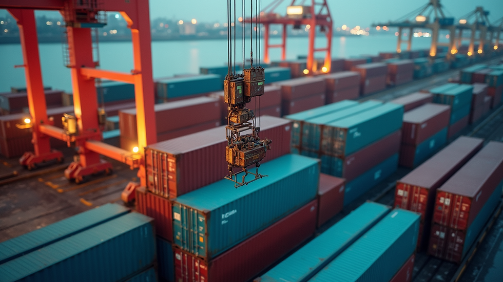 High angle view of a cargo container being loaded at a port