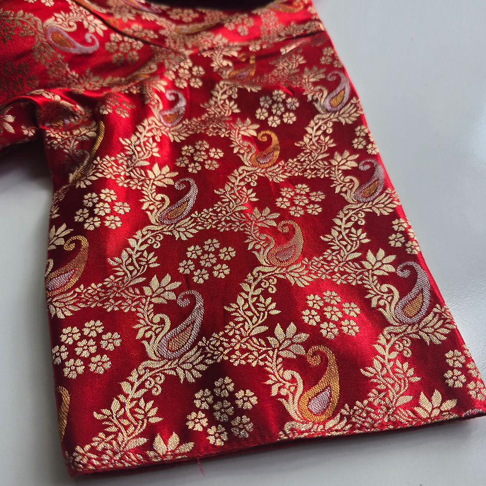 Thumbnail: Red Brocade Collar Neck Blouse with Intricate Floral Weave