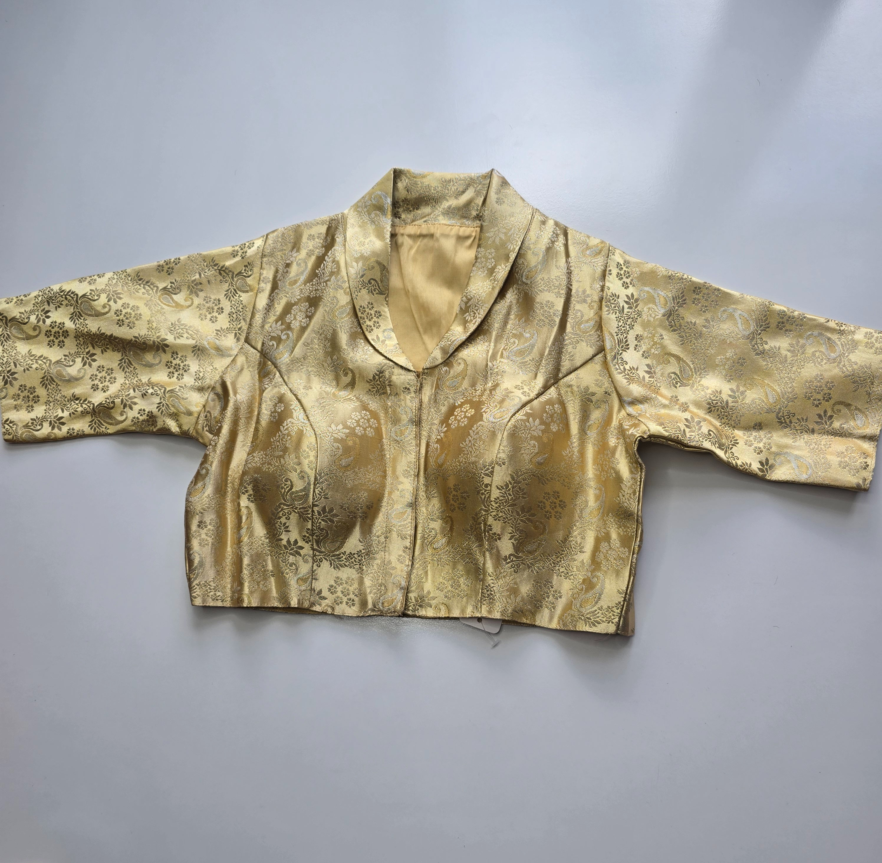 Gold Brocade Collar Neck Blouse with Subtle Floral Weave