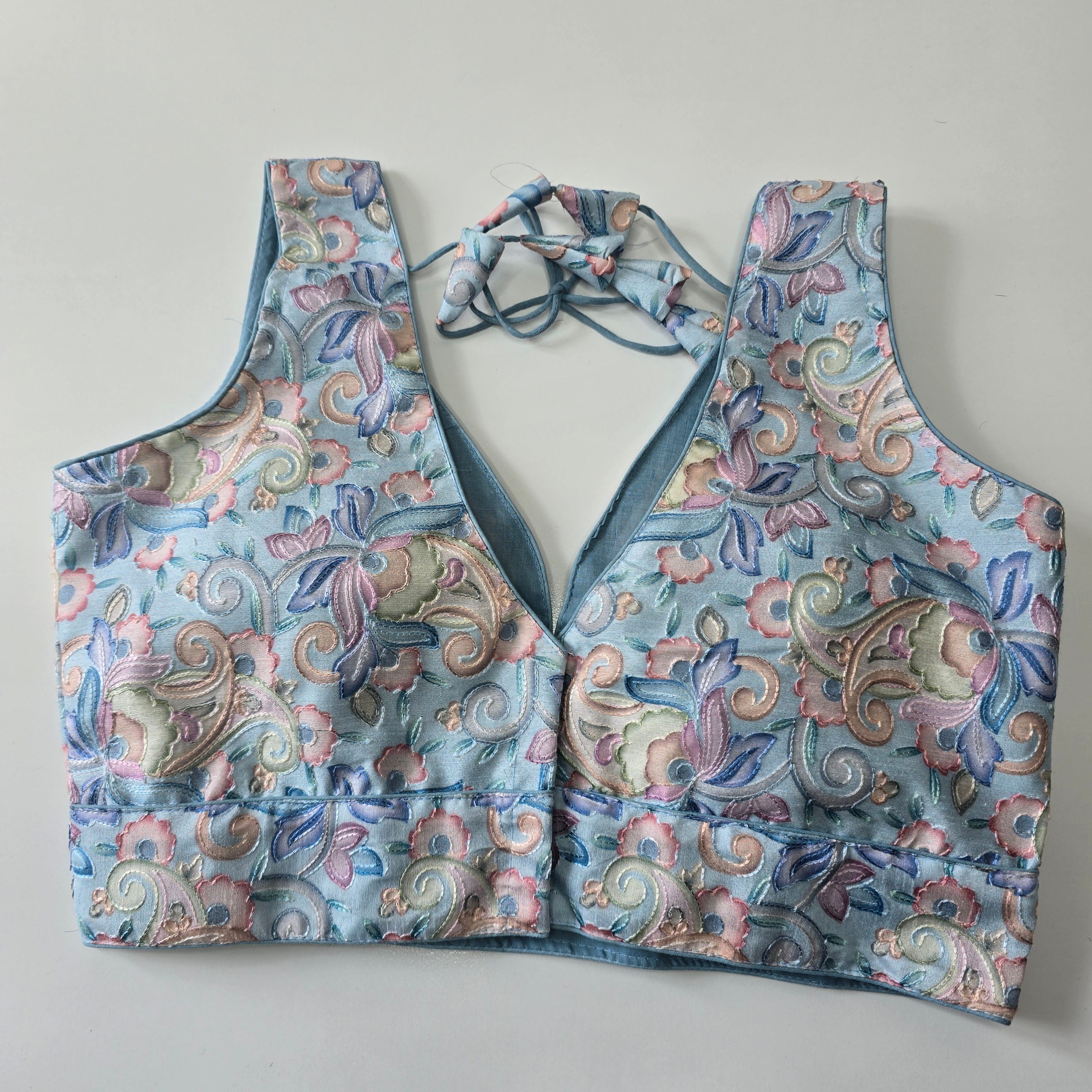 Sky Blue Sleeveless Blouse Floral Brocade
