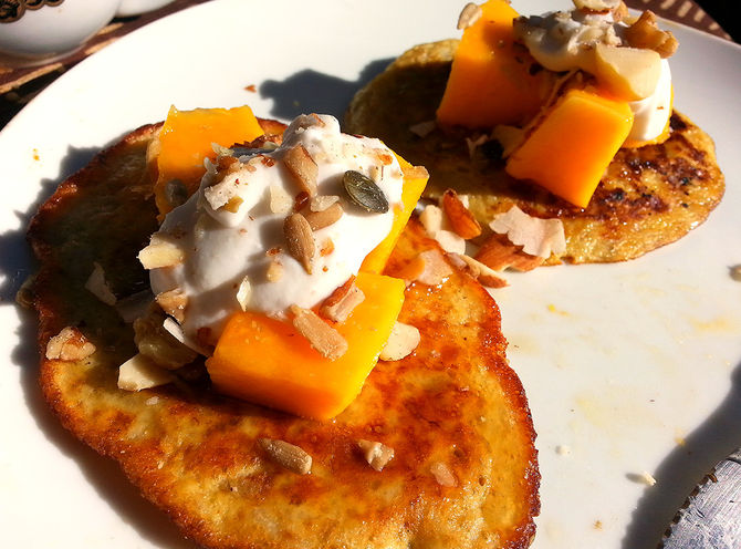 Buckwheat Pancakes with diced Mango