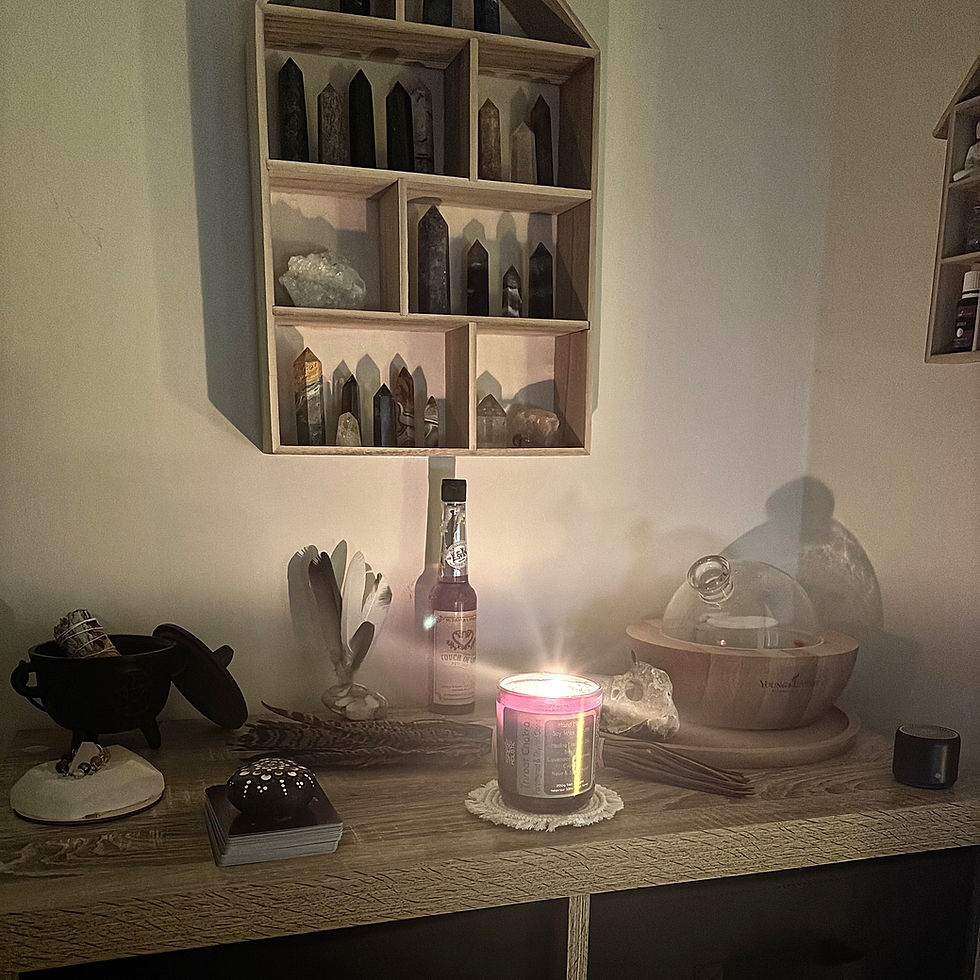 Crystal, essential oils in the diffuser, sage to cleanse and clear the space and candle light
