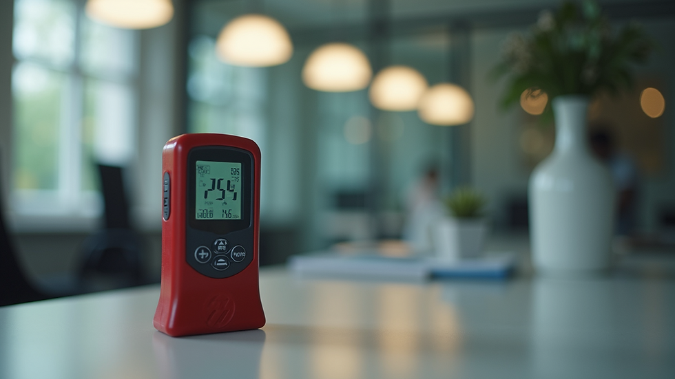 Eye-level view of a radon testing kit on a table