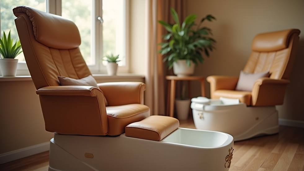 Eye-level view of a cozy nail spa chair with foot bath ready for pedicure