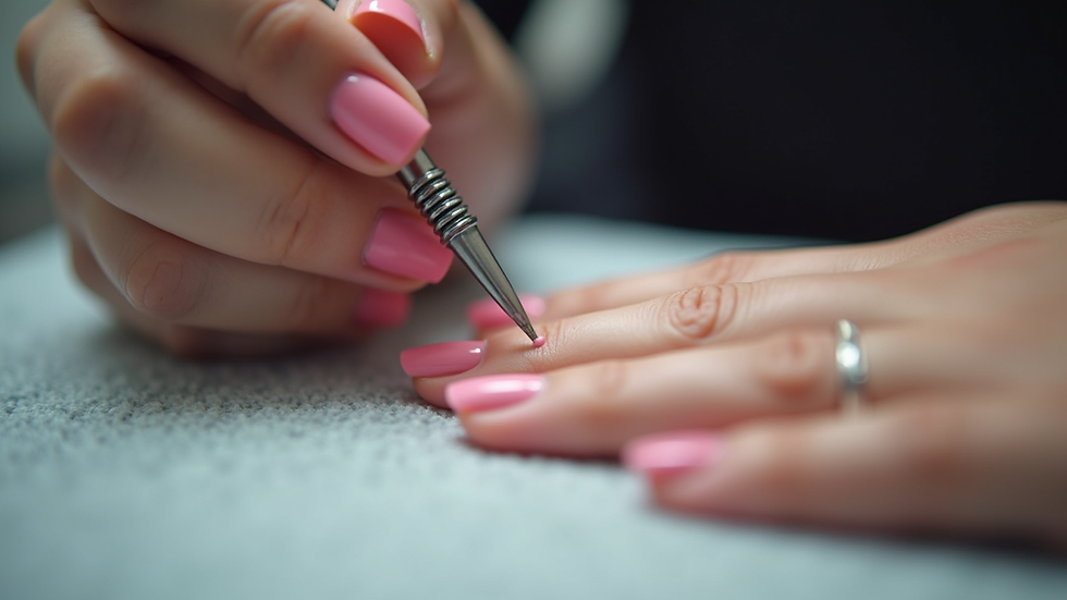 Eye-level view of a nail technician applying dipping powder to a client's nails