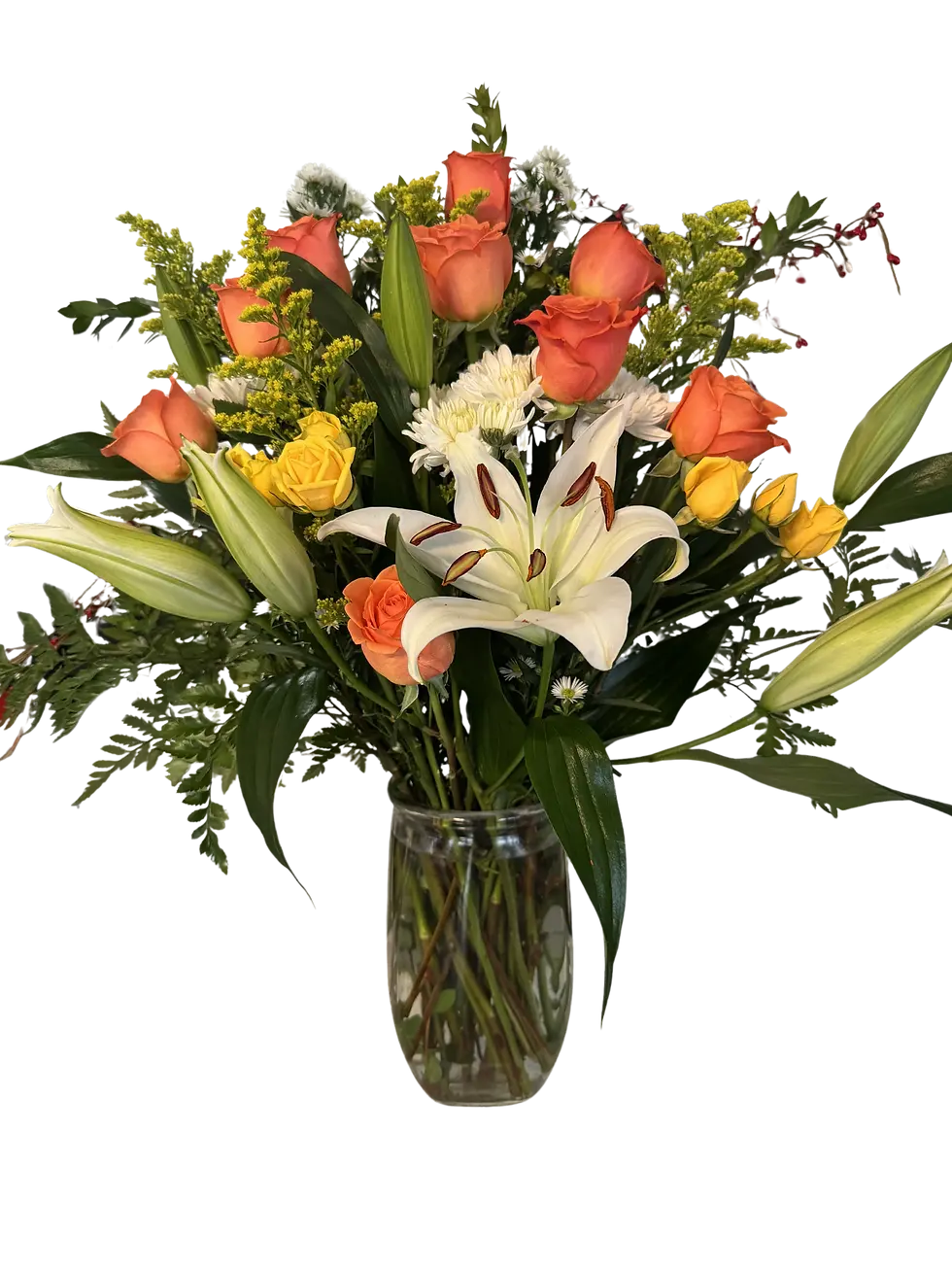 white lily orange spray rose arrangement meridian idaho florist