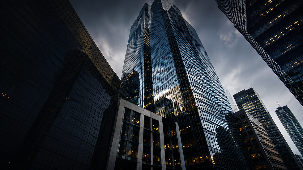 Skyscrapers at dusk with glowing windows