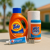 essentials like Tide, Sani wipes, toothpaste and soap