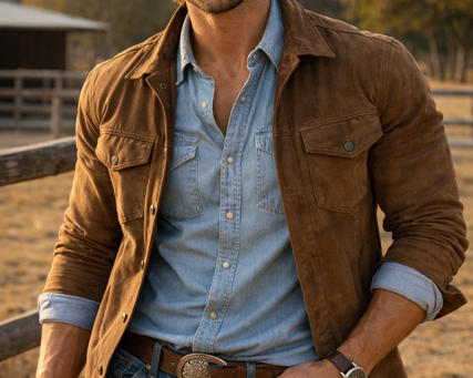 Modern blond cowboy standing beside a corral.