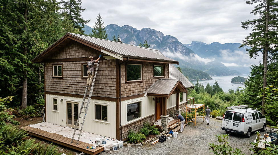 Painting crew refreshing the exterior of a cedar vacation rental cabin with Squamish mountains and Howe Sound in the background
