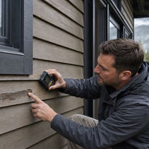 Painter checking moisture and early coating failure on a Whistler mountain home.