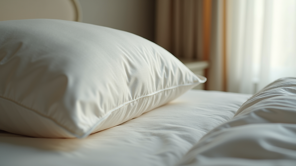 Eye-level view of a serene bedroom with a silk pillowcase
