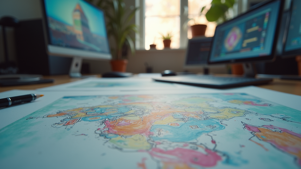 Eye-level view of a game development workspace with colorful sketches and designs
