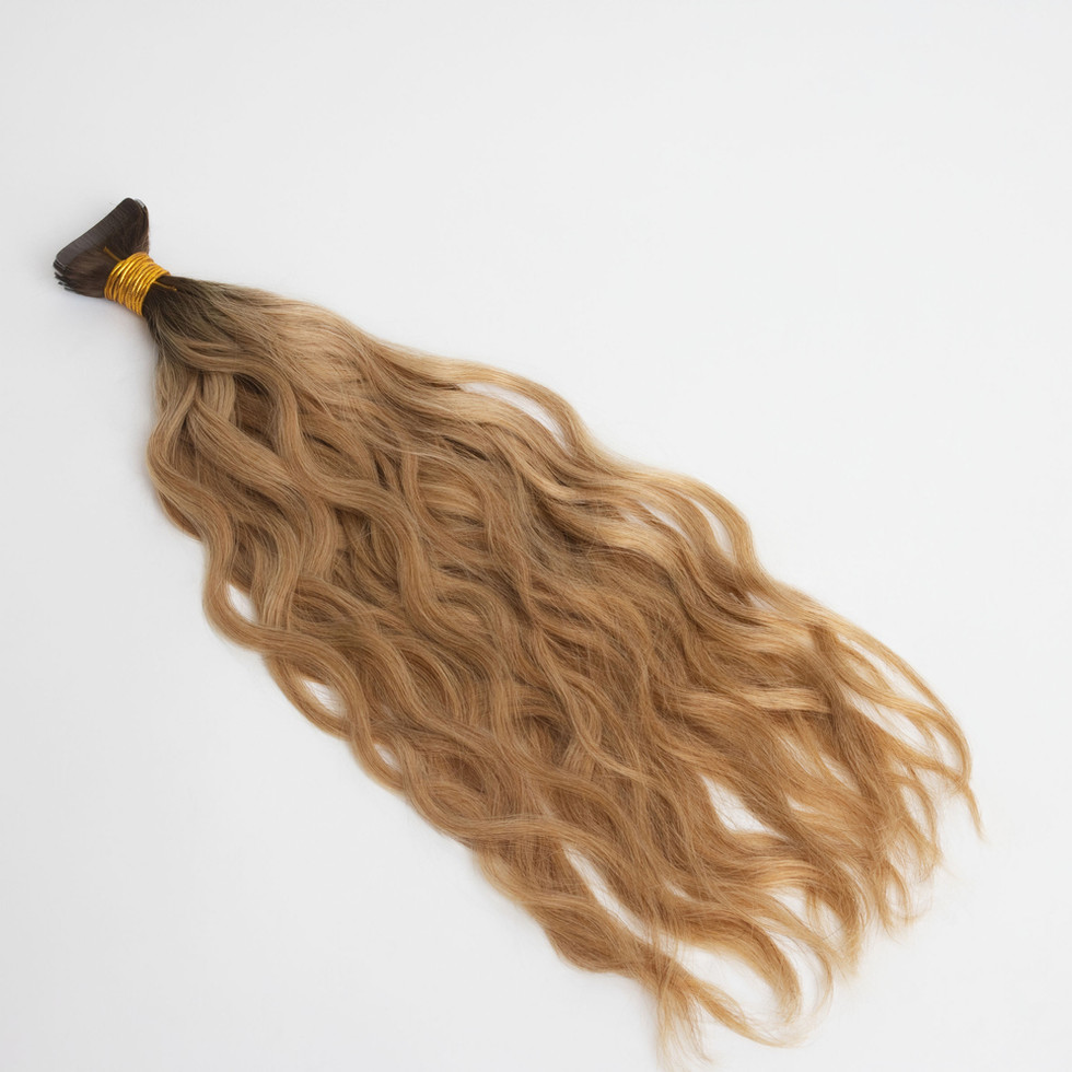 Studio Techilo wavy dark rooted dark blonde tape in extensions with natural finish