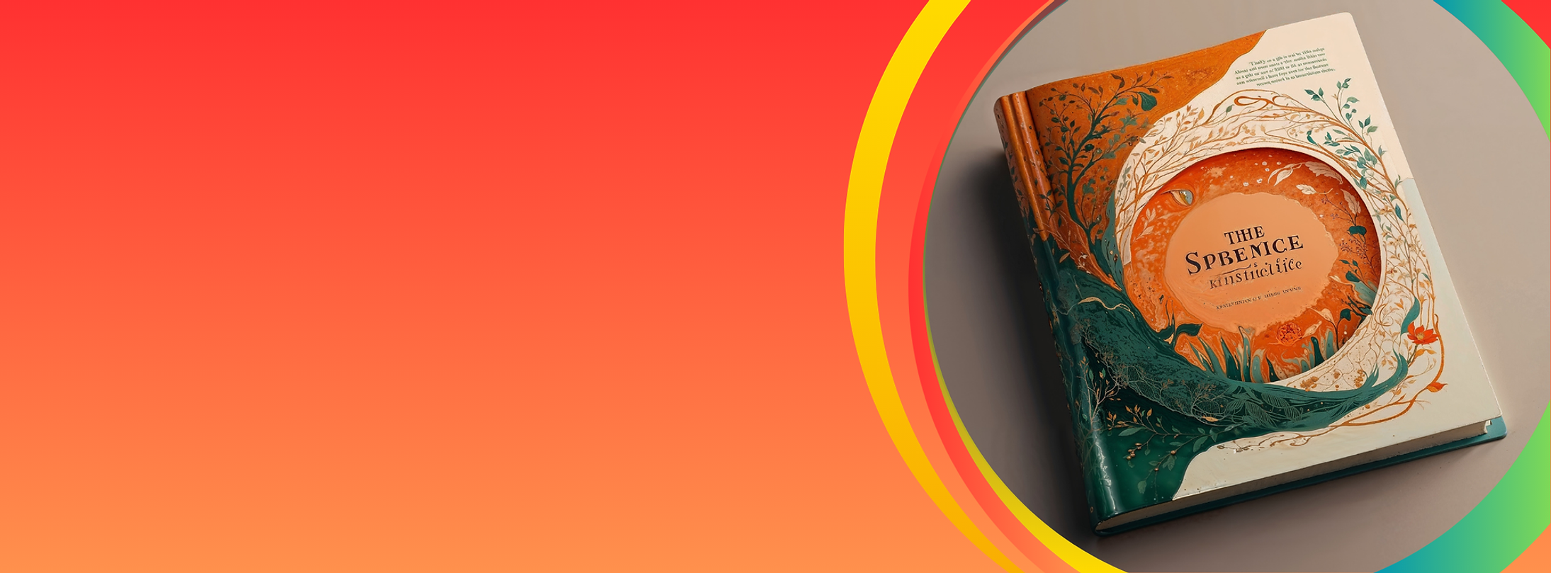 Libro con portada ilustrada de estilo artístico que presenta un diseño circular con motivos botánicos y orgánicos en tonos naranja y verde, con tipografía central elegante, dispuesto sobre un fondo degradado cálido que resalta su estética creativa y editorial.