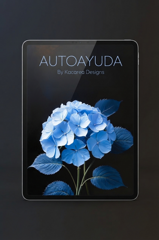 Portada de libro de la categoría de autoayuda que muestra una ilustración minimalista de una hortensia azul vibrante sobre fondo oscuro en la pantalla de una tablet, diseño elegante y profesional disponible en Kacarea.com.