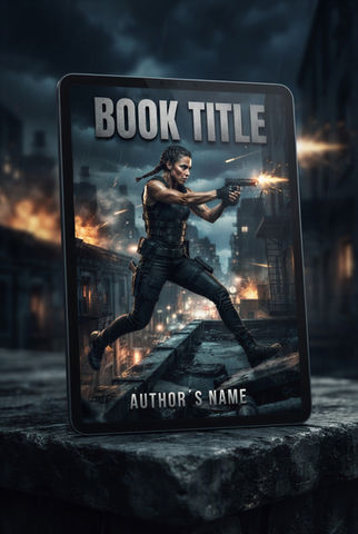 Portada de libro de acción y thriller con protagonista en escena de combate nocturna y explosiones, diseño de estilo cinematográfico para escritores.