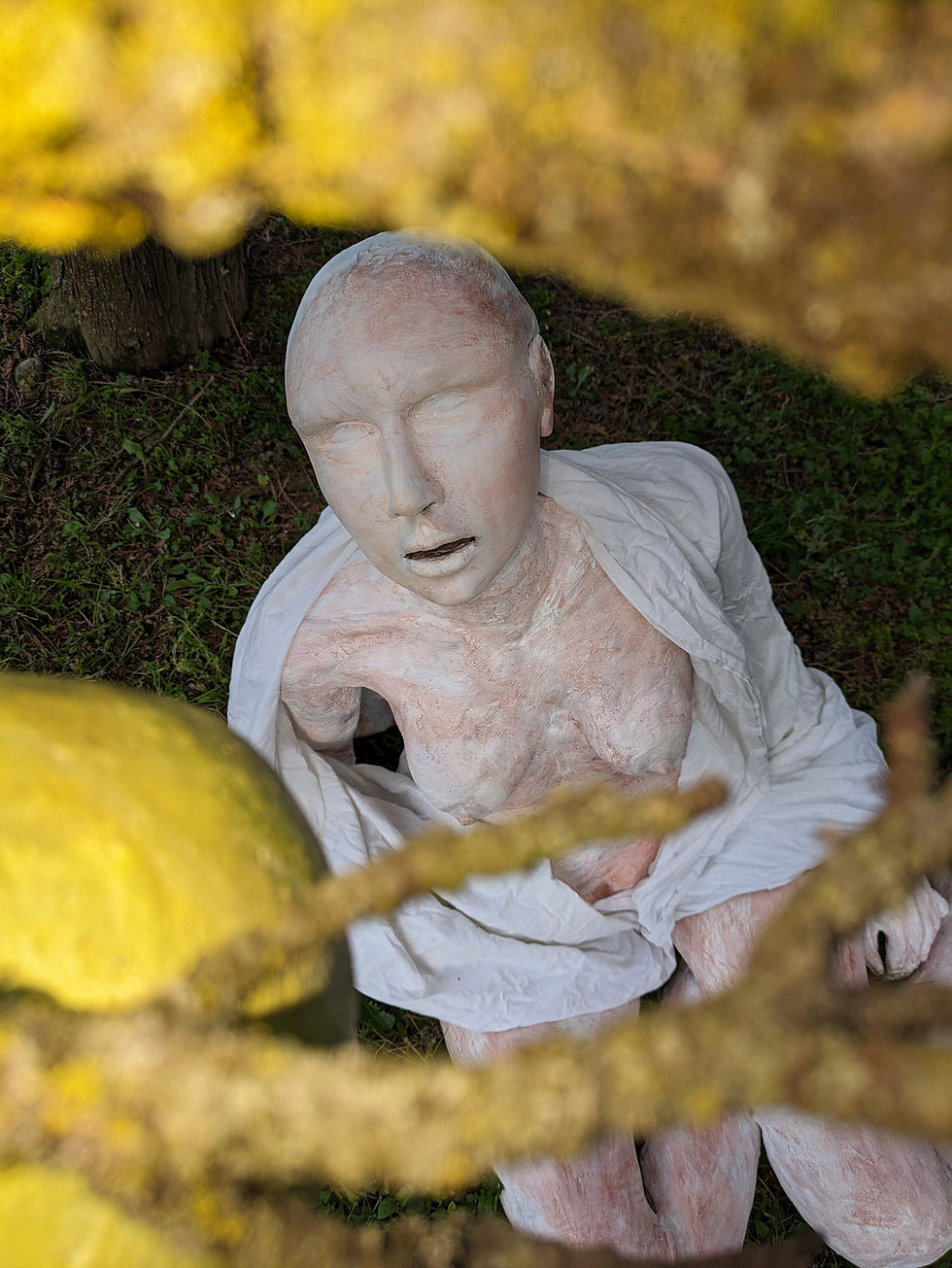 Miniatura: Figura scultorea distesa, dettagli viso e abito bianco