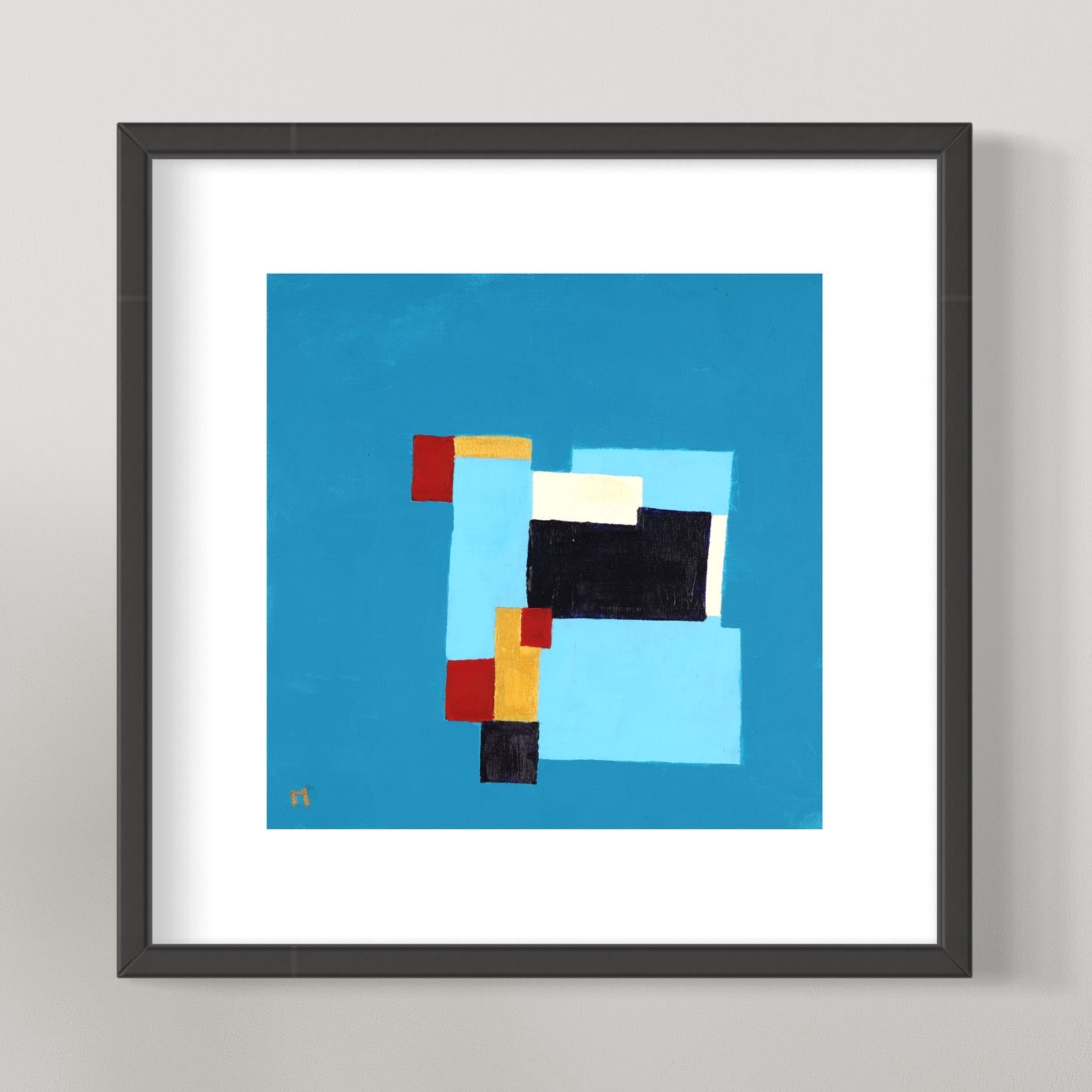 Quadro astratto: forme geometriche blu, rosse e nere su sfondo turchese