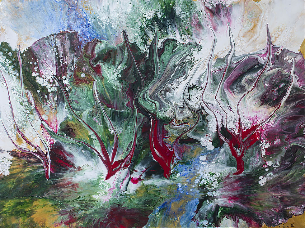 Interwoven abstract waves pulsating across a luminous canvas, capturing the rhythm of unseen energies; fluid movement contrasted with calm, grounded tones beneath; delicate interplay of color and texture, evoking sensations of resonance and inner harmony