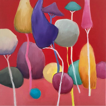 Pittura astratta di alberi colorati su sfondo rosso