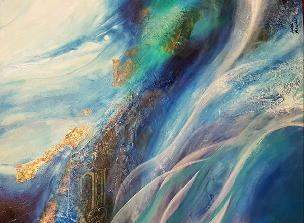 Abstract mixed media painting with flowing textures, merging feminine silhouettes and natural elements, capturing the harmony and motion of life.