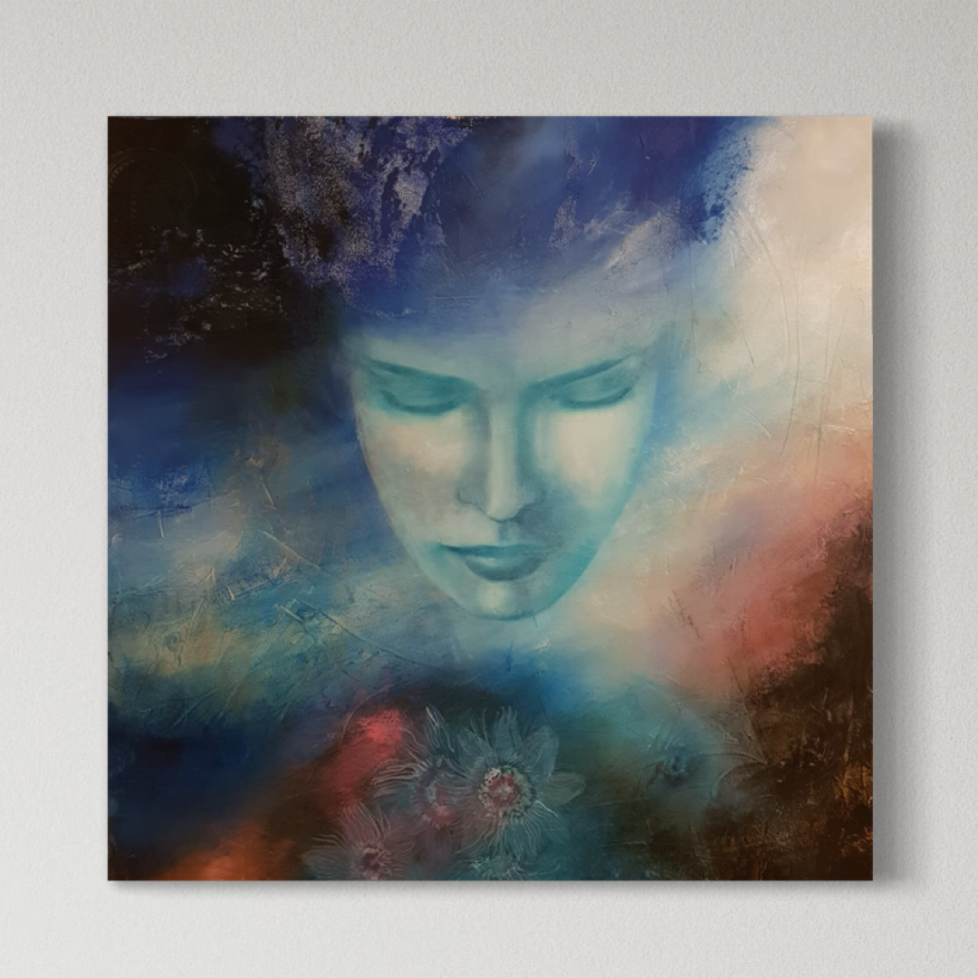 Ritratto di donna, colori blu e rosa, fiori, stile astratto