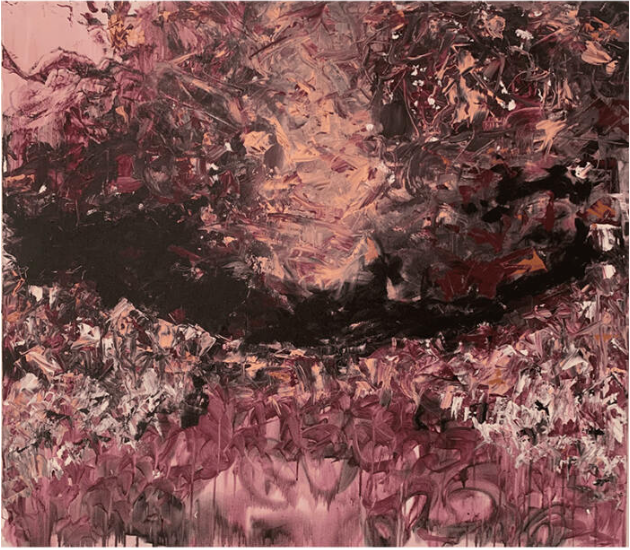 A visceral surface shaped by impulsive marks and chromatic depth, merging vulnerability and force within a contemporary abstract language.