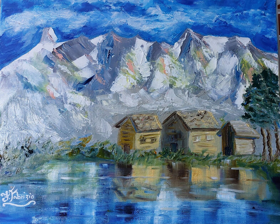 Oil on canvas - a luminous mountain‑lake scene where shimmering reflections at the foot of the imposing ridge evoke a serene interplay of nature, light and emotion.