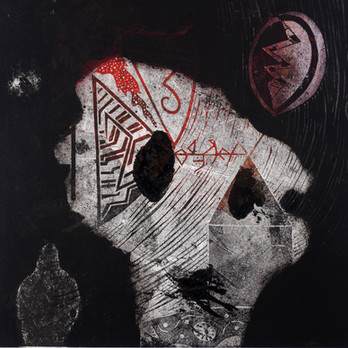 Pittorica astratta: segni rossi e neri su sfondo scuro