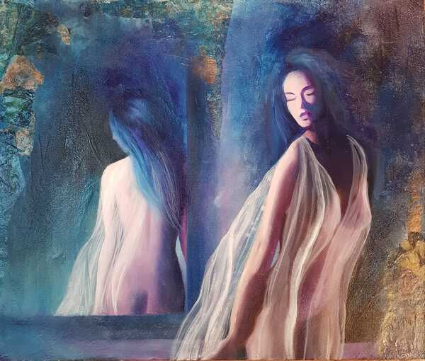 Expressive mixed-media painting inviting contemplation: a solitary female figure meets her own reflection in a subtle interplay of light, texture and introspective gaze — a contemporary vision of identity and mirror imagery.