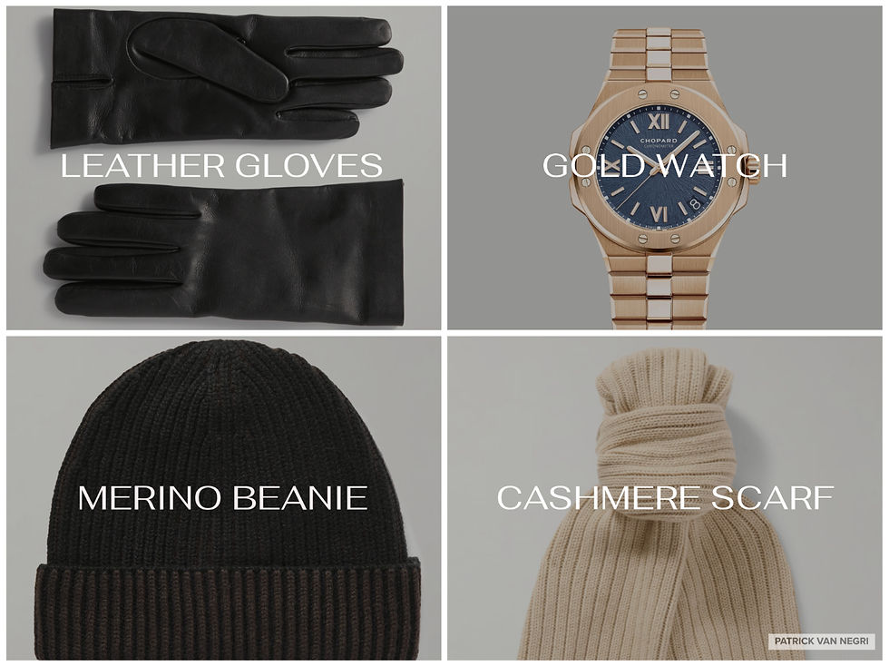 Winter accessories: leather gloves, gold watch, Merino wool beanie, and cashmere scarf for warmth, style, and sophistication.